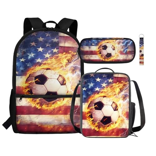 Renewold Kinder-Rucksack, isolierte Lunchtasche, Stifteetui, Handgelenk, Schlüsselband, Schlüsselanhänger, 4-in-1, Schulbedarf, Fußball mit amerikanischer Flagge, Einheitsgröße, Tagesrucksäcke von Renewold