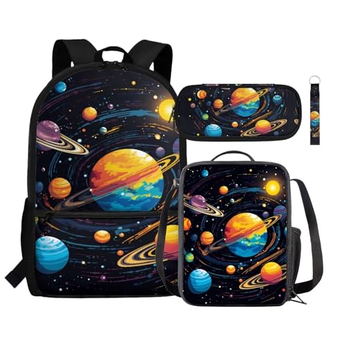 Renewold Kinder-Rucksack, isolierte Lunchtasche, Stifteetui, Handgelenk, Schlüsselband, Schlüsselanhänger, 4-in-1, Schulbedarf, Galaxy Planet, Einheitsgröße, Tagesrucksäcke von Renewold