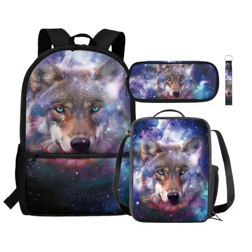 Renewold Kinder-Rucksack, isolierte Lunchtasche, Stifteetui, Handgelenk, Schlüsselband, Schlüsselanhänger, 4-in-1, Schulbedarf, Galaxy Wolf, Einheitsgröße, Tagesrucksäcke von Renewold