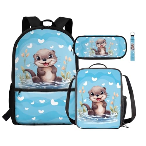 Renewold Kinder-Rucksack, isolierte Lunchtasche, Stifteetui, Handgelenk, Schlüsselband, Schlüsselanhänger, 4-in-1, Schulbedarf, otter, Einheitsgröße, Tagesrucksäcke von Renewold