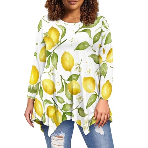 Renewold Langarm Casual Bluse für Leggings Damen Swing Tunika Tops Lose T-Shirt, Gelbe Zitrone., XXXXL von Renewold