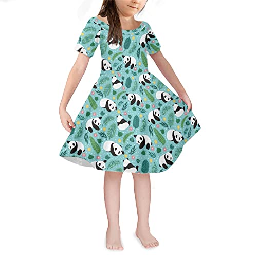 Renewold Mädchen Kleider, Mädchen Kleid, Casual Kurzarm Skaterkleid für 3-14 Jahre Kind, Panda Grün, 9-10 Jahre von Renewold