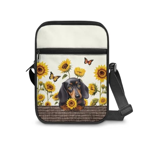 Renewold Umhängetasche, Handytasche, Kuriertasche, Handtasche, Schultertasche für Damen, Herren, Kinder, Teenager, Dackel, Sonnenblume von Renewold