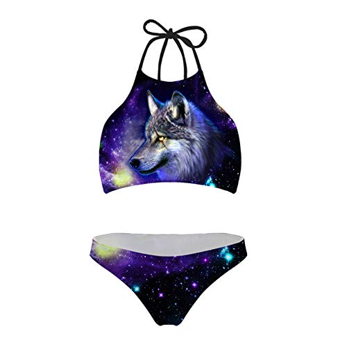 Renewold Zweiteilige Sets Bikini Sommer Badeanzug High Neck Halfter Verstellbarer Riemen Bademode Strand Badeanzüge für Frauen Teenager Mädchen für Urlaub Pool, Galaxy Wolf, S von Renewold