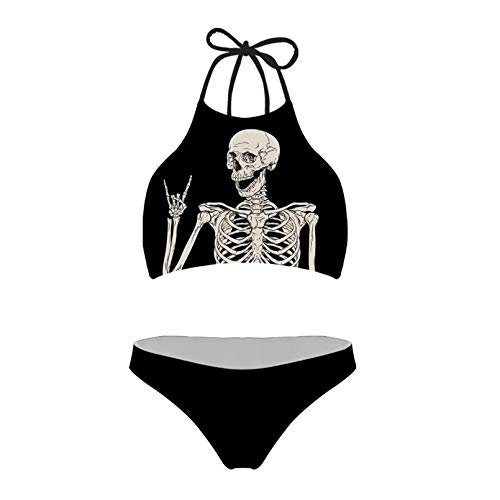 Renewold Zweiteiliges Bikini-Set; hoher Halsausschnitt, verstellbare Träger, Bademode, Strand-Badeanzüge für Frauen, Teenager, Mädchen, für Urlaub, Pool, Cooler Totenkopf, L von Renewold