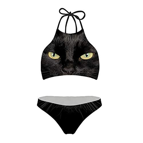 Renewold Zweiteiliges Bikini-Set; hoher Halsausschnitt, verstellbare Träger, Bademode, Strand-Badeanzüge für Frauen, Teenager, Mädchen, für Urlaub, Pool Gr. M, schwarze katze von Renewold