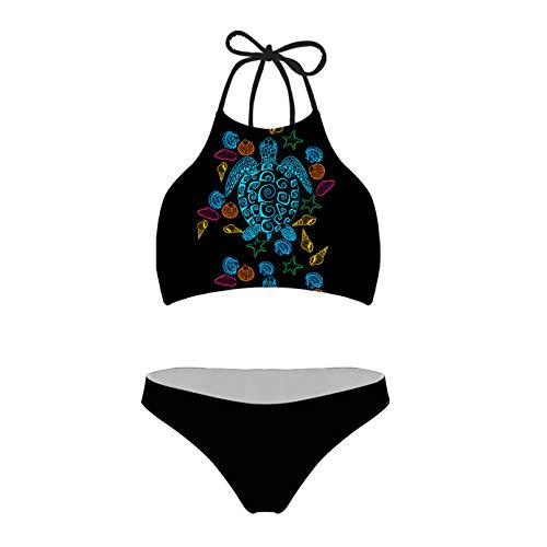 Renewold Zweiteiliges Bikini-Set; hoher Halsausschnitt, verstellbare Träger, Bademode, Strand-Badeanzüge für Frauen, Teenager, Mädchen, für Urlaub, Pool Gr. S, Böhmische Hawaii-Meeresschildkröte von Renewold