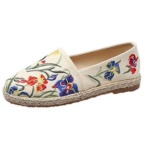Rengzun Leinen Espadrilles Damen Stickerei Atmungsaktiv Slip-on Flache Schuhe Freizeitschuhe Outdoor Segeltuchschuhe Flatschuhe von Rengzun