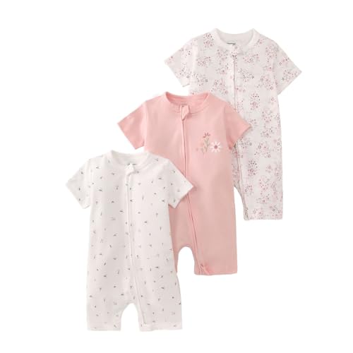 Renholin 3 Pack Baby Kurzarm Baby Strampler, Junge Mädchen Sommer Baumwolle Neugeborene Overalls Sleepsuits Einteilige Babybekleidung mit Reißverschluss von Renholin