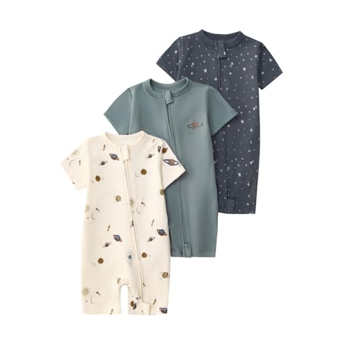 Renholin 3 Pack Baby Kurzarm Baby Strampler, Junge Mädchen Sommer Baumwolle Overalls Sleepsuits Einteilige Babybekleidung mit Reißverschluss von Renholin