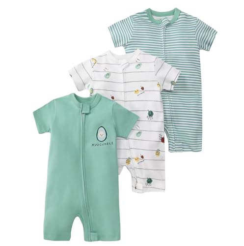 Renholin 3 Pack Baby Kurzarm Baby Strampler, Junge Mädchen Sommer Baumwolle Overalls Sleepsuits Einteilige Babybekleidung mit Reißverschluss von Renholin
