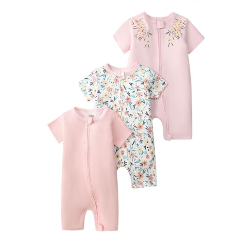 Renholin 3 Pack Baby Kurzarm Baby Strampler, Junge Mädchen Sommer Baumwolle Overalls Sleepsuits Einteilige Babybekleidung mit Reißverschluss von Renholin