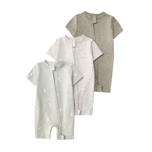 Renholin 3 Pack Baby Kurzarm Baby Strampler, Junge Mädchen Sommer Baumwolle Overalls Sleepsuits Einteilige Babybekleidung mit Reißverschluss von Renholin