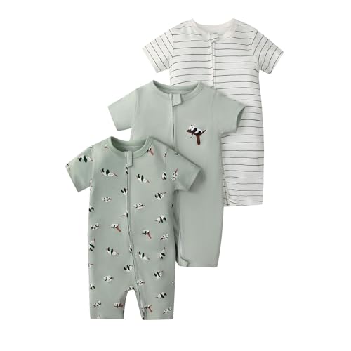 Renholin 3 Pack Baby Kurzarm Baby Strampler, Junge Mädchen Sommer Baumwolle Overalls Sleepsuits Einteilige Babybekleidung mit Reißverschluss von Renholin
