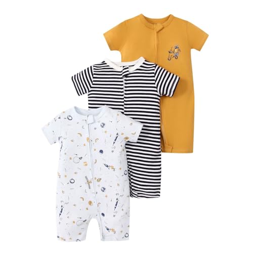 Renholin 3 Pack Baby Kurzarm Baby Strampler, Junge Mädchen Sommer Baumwolle Overalls Sleepsuits Einteilige Babybekleidung mit Reißverschluss von Renholin