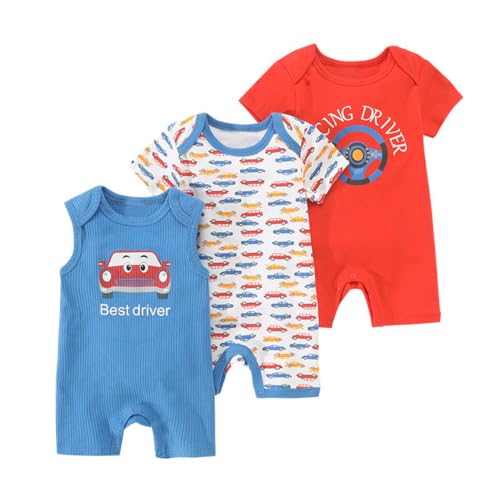 Renholin 3 Pack Neugeborenes Baby Mädchen Jungen Kurzarm Onesies Bodysuits Säugling Sommer Jumpsuit Kleinkind Baumwolle Cartoon Pyjamas von Renholin