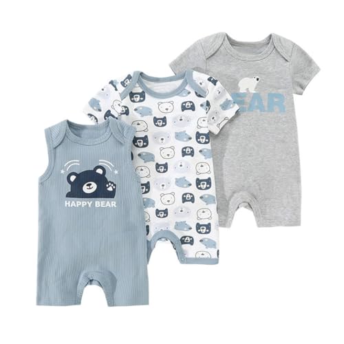 Renholin 3 Pack Neugeborenes Baby Mädchen Jungen Kurzarm Onesies Bodysuits Säugling Sommer Jumpsuit Kleinkind Baumwolle Cartoon Pyjamas von Renholin