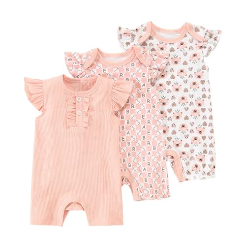 Renholin 3 Pack Neugeborenes Baby Mädchen Jungen Kurzarm Onesies Bodysuits Säugling Sommer Jumpsuit Kleinkind Baumwolle Cartoon Pyjamas von Renholin