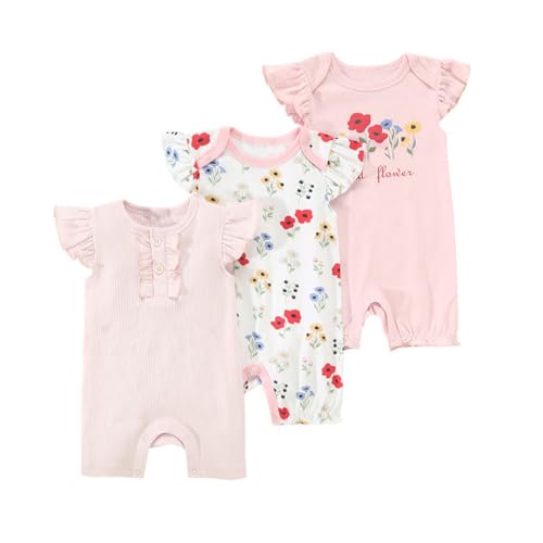 Renholin 3 Pack Neugeborenes Baby Mädchen Jungen Kurzarm Onesies Bodysuits Säugling Sommer Jumpsuit Kleinkind Baumwolle Cartoon Pyjamas von Renholin