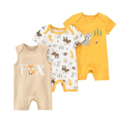 Renholin 3 Pack Neugeborenes Baby Mädchen Jungen Kurzarm Onesies Bodysuits Säugling Sommer Jumpsuit Kleinkind Baumwolle Cartoon Pyjamas von Renholin