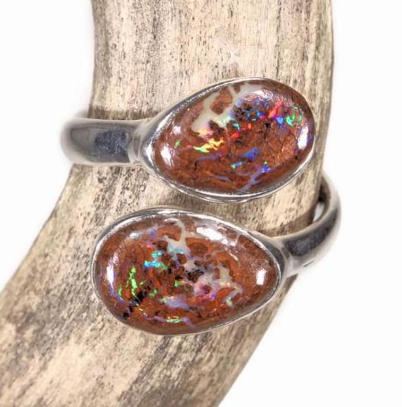 Boulder Opal Ring - Verstellbar Dunkel 925 Sterling Silber Offen Mehrfarbig Boho Verlobung von ReniJaniDesign
