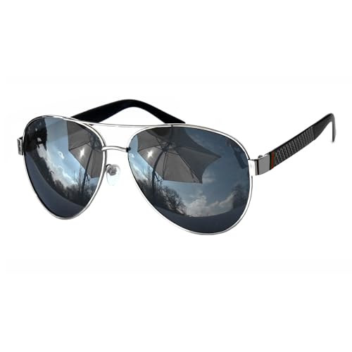 Rennec Pilotenbrille Polarisiert Schwarz Silber Sonnenbrille Oversized Softetui Breite Bügel mit Carbon Print Damen Herren von Rennec