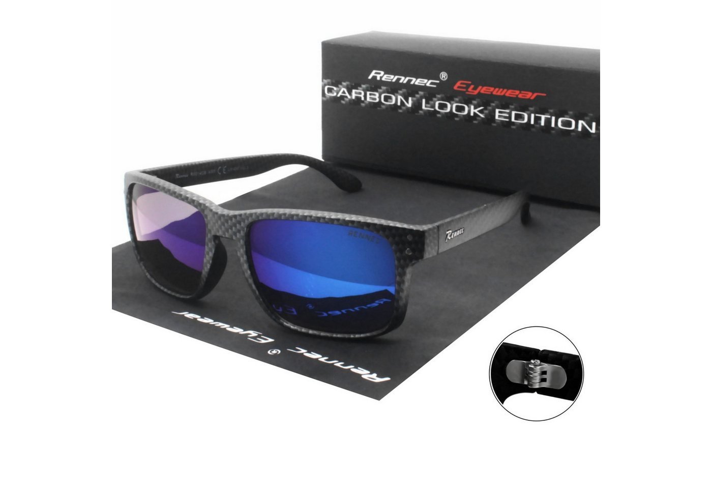 Rennec Sonnenbrille (1x Markenbrille in Carbon Look mit Brillenbeutel) Verspiegelte Gläser Gestell in Carbon Optik 3in2 Edelstahlgelenke von Rennec