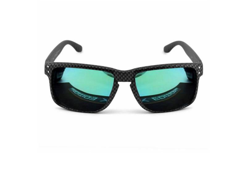Rennec Sonnenbrille (Herren Motorsport Brille mit Brillenbeutel) Brille in Carbon Optik stabile Gelenke und Türkis Verspiegelte Gläser von Rennec