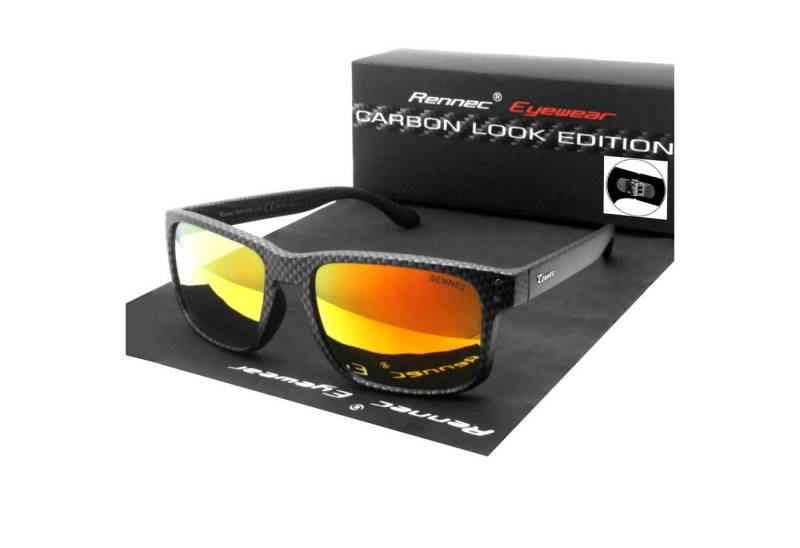 Rennec Sonnenbrille (Rechteckige Herren Sonnenbrille mit Brillenbeutel) Brille in Carbon Optik stabile Gelenke und Orange Verspiegelte Gläser von Rennec