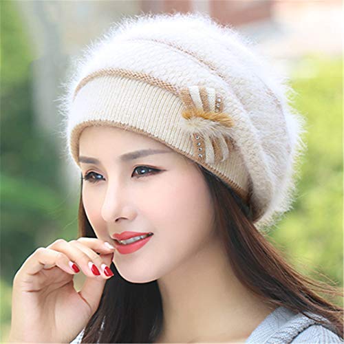 Renost Angora Beret Frauen Winter Strick Mütze Warm Flower Strass Double Layers Hut Beige von Renost