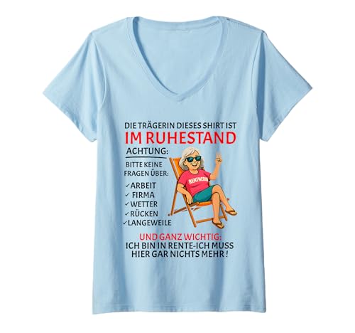 Damen Rente Pension Ruhestand lustiges Frauen Rentner T-Shirt mit V-Ausschnitt von Rente Alterszeit Geschenk für Frau mit Humor