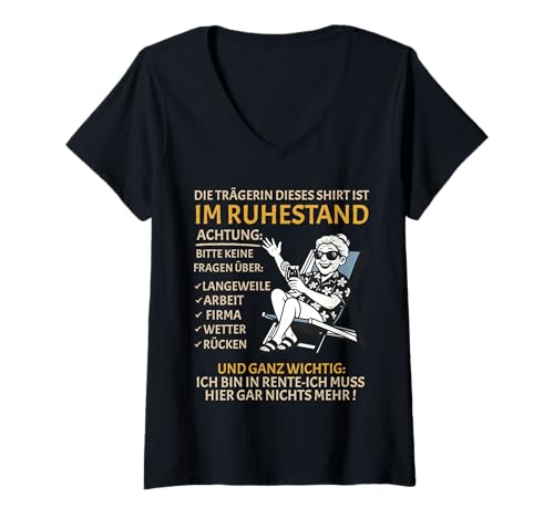 Damen Rente Pension Ruhestand lustiges Frauen Rentner T-Shirt mit V-Ausschnitt von Rente Alterszeit Geschenk für die Frau mit Humor