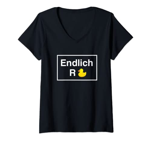Damen ENDLICH RENTE Rentner Rentnerin Arbeit Ausstand Fun Ente T-Shirt mit V-Ausschnitt von Rente Rentner Rentnerin letzter Arbeitstag