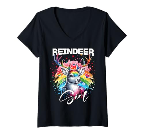 Damen Reindeer Mädchen Rentier T-Shirt mit V-Ausschnitt Damen Reindeer Mädchen Rentier T-Shirt mit V-Ausschnitt von Rentier Designs Damen