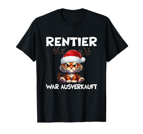 Rentier Funny Tiger Designs Kinder Unisex Winter T-Shirt Schwarz S Tiger Xmas Lustig Weihnachten Kinder Hemd von Rentier Funny Tiger Designs