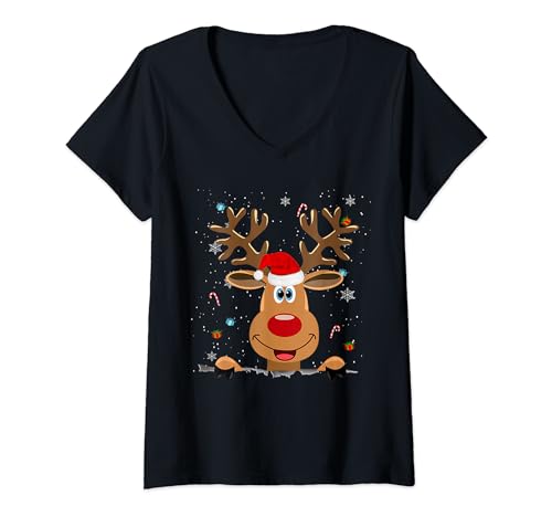 Rentier Rote Nase Weihnachtsshirt Kinder Damen Herren T-Shirt mit V-Ausschnitt von Rentier Mädchen mit der roten Nase Weihnachten süß