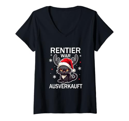 Damen Rentier war ausverkauft Lustiges Katzen Weihnachts T-Shirt mit V-Ausschnitt von Rentier Weihnachten Katzenshirt