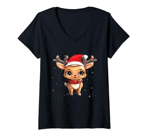 Lustig Rentier Weihnachtsshirt Rote Nase Kinder Damen Herren T-Shirt mit V-Ausschnitt von Rentier Weihnachtsshirt