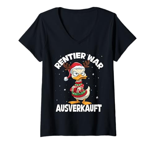 Damen Lustiger Spruch Weihnachts-Ente Rentier war ausverkauft T-Shirt mit V-Ausschnitt von Rentier war ausverkauft Lustig Ente zu Weihnachten