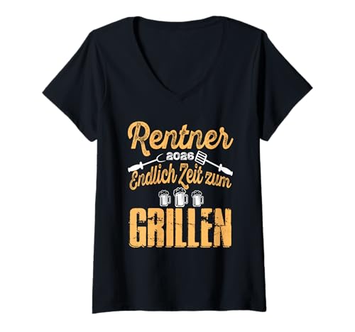 Damen Rentner 2026 endlich Zeit zum Grillen T-Shirt mit V-Ausschnitt von Rentner zur Pension Ruhestand 2026