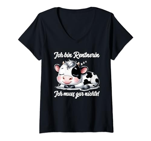 Damen Ruhestand Rentnerin Spruch Frauen Damen Frau Rente Kuh T-Shirt mit V-Ausschnitt von Rentnerin T-Shirt Geschenke Frau Frauen Damen