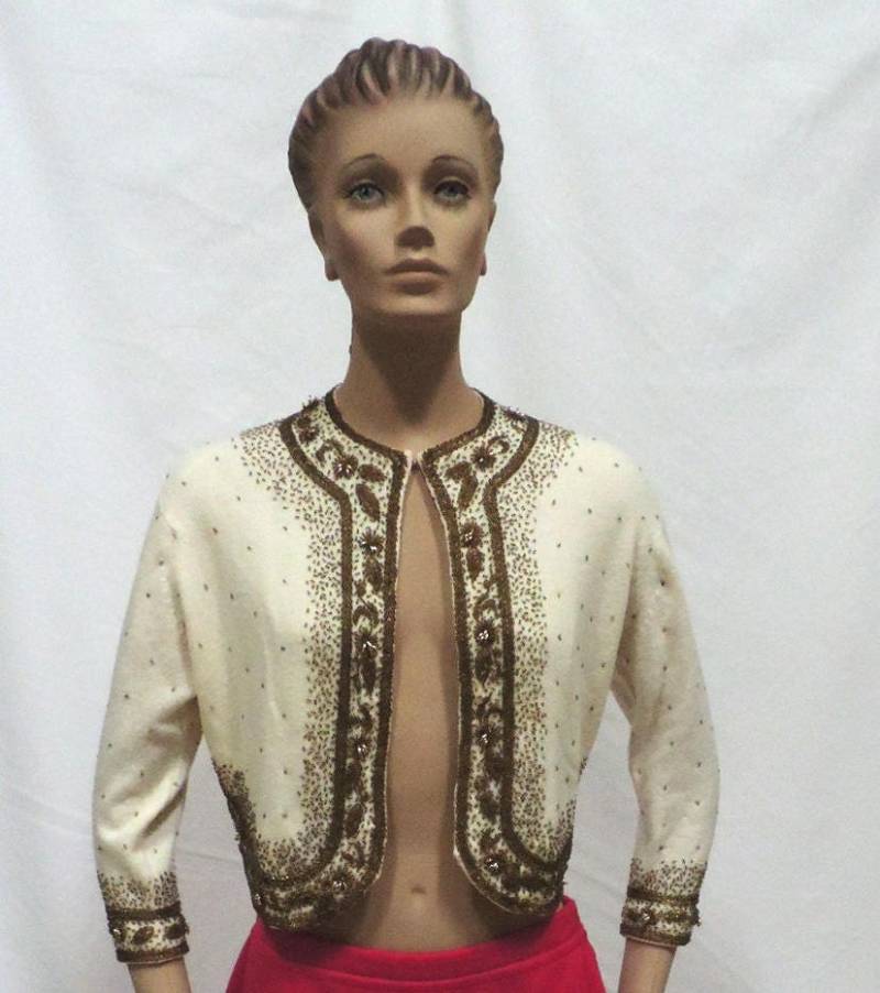 Perlenmeilen Pullover 60Er Sahne Bolero Lammwolle Cardigan Weihnachten Urlaub Braut Hochzeit Party Vintage Größe 36 von ReoccuringDreams