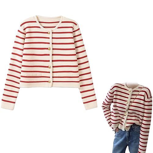 Reovyck Lady Patch Pocket Cardigan,2023 Women's Long Sleeve Striped Sweater Knitted Coat (Red White,One Size) von Reovyck