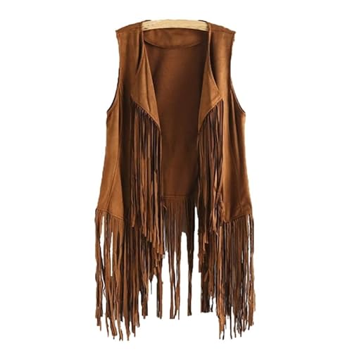Reoyloep Damen Hippie-Weste Ärmellose Jacke Fransen Kunstleder Vintage Quasten Cardigan, Khaki von Reoyloep