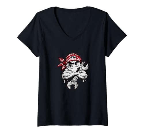 Damen Bold Mechaniker Emblem mit Reparaturwerkzeug für Tuning Liebhaber T-Shirt mit V-Ausschnitt Damen Bold Mechaniker Emblem mit Reparaturwerkzeug für Tuning Liebhaber T-Shirt mit V-Ausschnitt von Repair Service Outfit