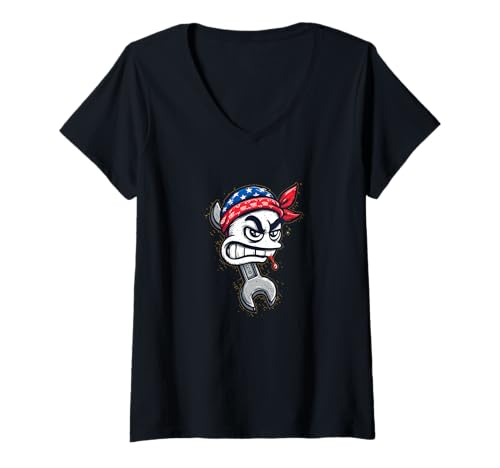 Damen Cool Repair Tool Man-Emblem T-Shirt mit V-Ausschnitt Damen Cool Repair Tool Man-Emblem T-Shirt mit V-Ausschnitt von Repair Service Outfit