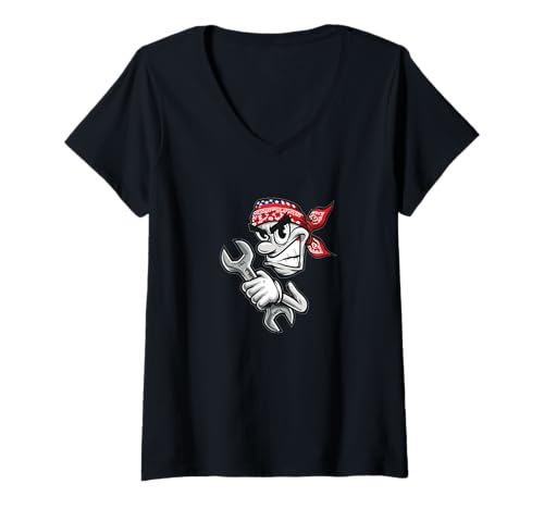 Damen Lustiges Mechaniker-Gesicht mit Reparaturwerkzeug für Mann und Frau T-Shirt mit V-Ausschnitt Damen Lustiges Mechaniker-Gesicht mit Reparaturwerkzeug für Mann und Frau T-Shirt mit V-Ausschnitt von Repair Service Outfit