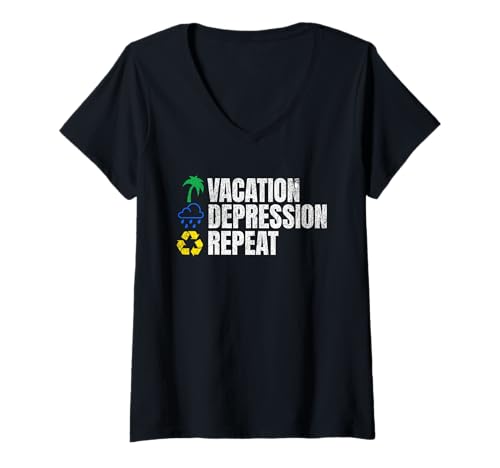 Damen Vacation Depression Repeat Lustiges Retro T-Shirt mit V-Ausschnitt Damen Vacation Depression Repeat Lustiges Retro T-Shirt mit V-Ausschnitt von Repeat Humor Co