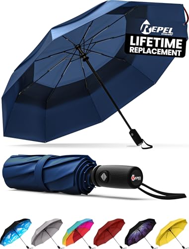 Repel Umbrella sturmfester Regenschirm – kompakter, leichter, automatischer, starker und tragbarer Sonnenschirm – windresistent, kleiner faltbarer Taschenschirm für Männer und Frauen – Dunkelblau von Repel Umbrella