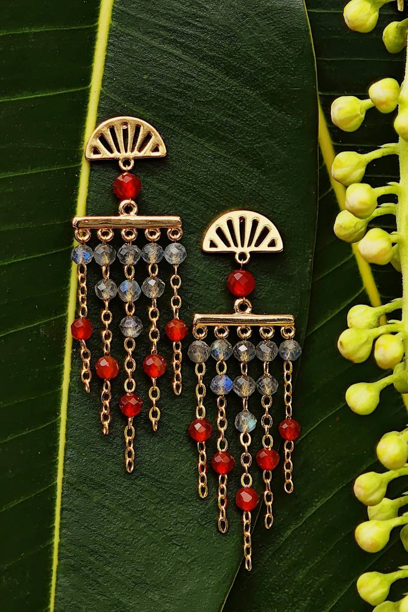 Art Deco Boho Earrings - Labradorite & Carnelian Dangle Earrings, 18K Gold Plated Brass, Handmade Bohemian Gemstone Jewelry von RepinArt